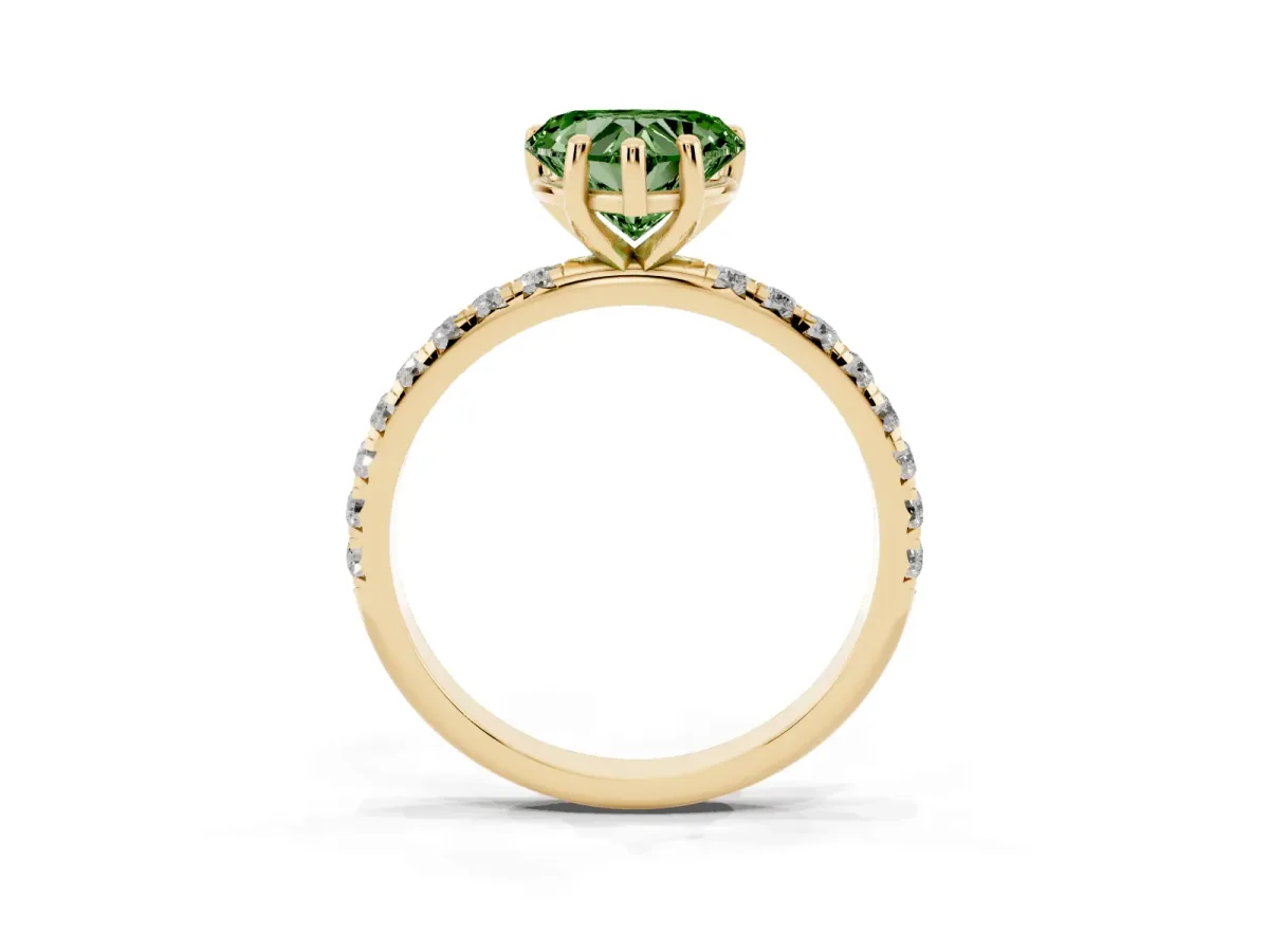 Fancy Green Heart Cut Cut Diamond Solitaire Ring with Micro Pave Band and Four Prong Setting Yellow gold