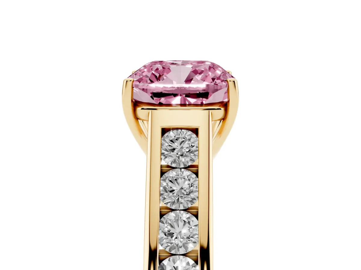 Fancy Pink Cushion Cut Brilliant Channel-Set Solitaire Ring with Four-Prong Setting Yellow gold