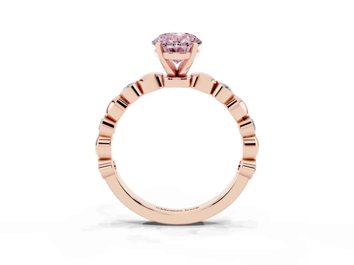 Fancy Pink Oval Cut Solitaire Bezel-Set Diamond Ring with Beaded Band and Four-Prong Setting Rose gold