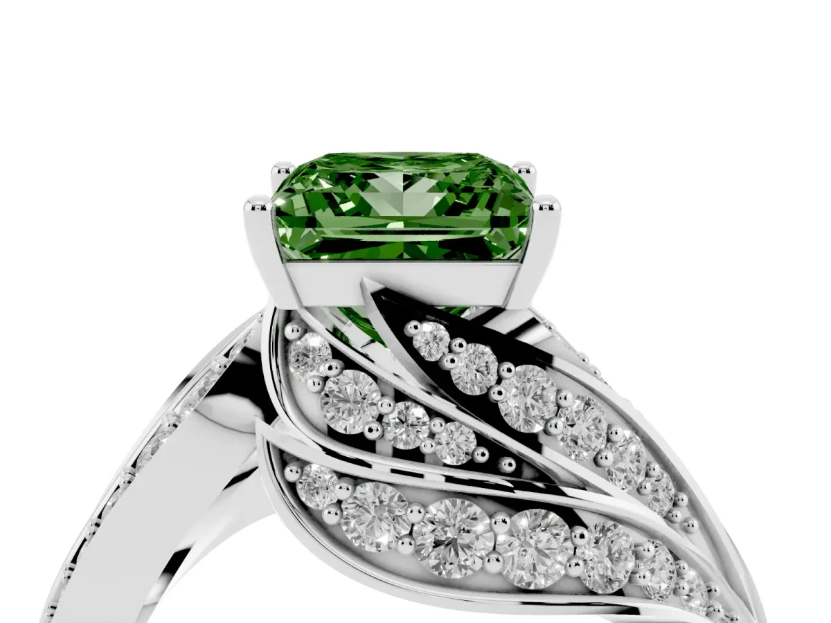 Fancy Green Princess Cut Diamond Solitaire Ring with Prong Setting and Twisted Pavé Band Silver