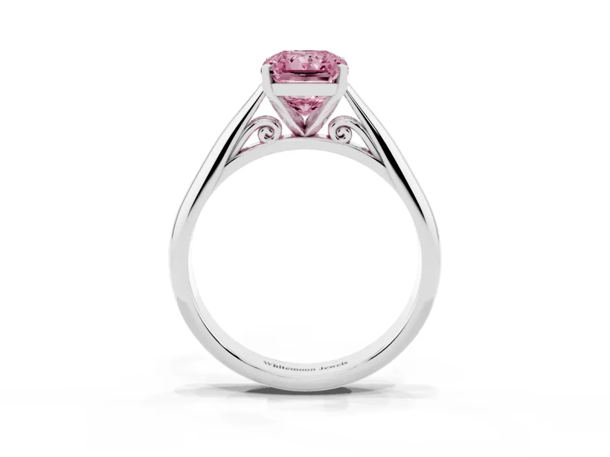Fancy Pink Radiant Cut Diamond Solitaire Engagement Ring with Cathedral Setting and Four-Prong Mount Silver