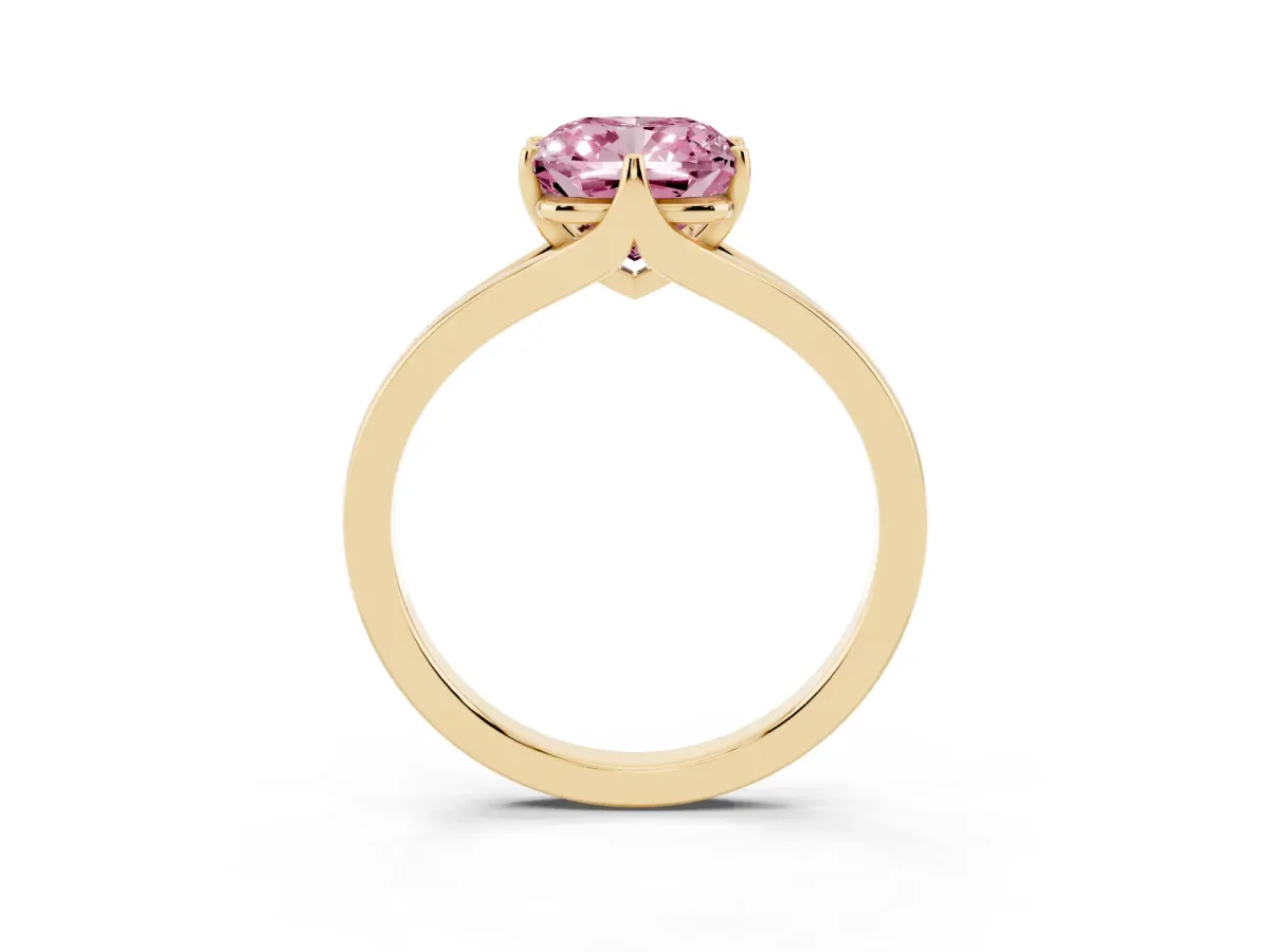 Fancy Pink Cushion Cut Solitaire Diamond Ring with Six-Prong Setting and Tapered Band Yellow gold