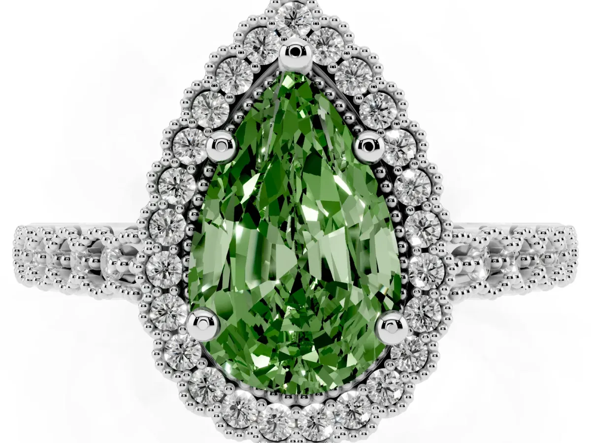 Fancy Green Pear Cut Cut Halo Pavé Solitaire Ring with Milgrain Band Silver