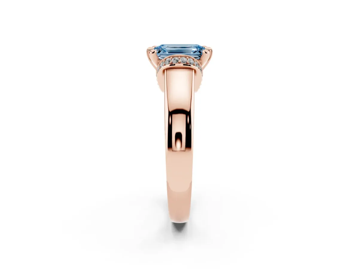 Fancy Blue Emerald Cut Solitaire Diamond Ring with Pave Band and Six-Prong Setting Rose gold