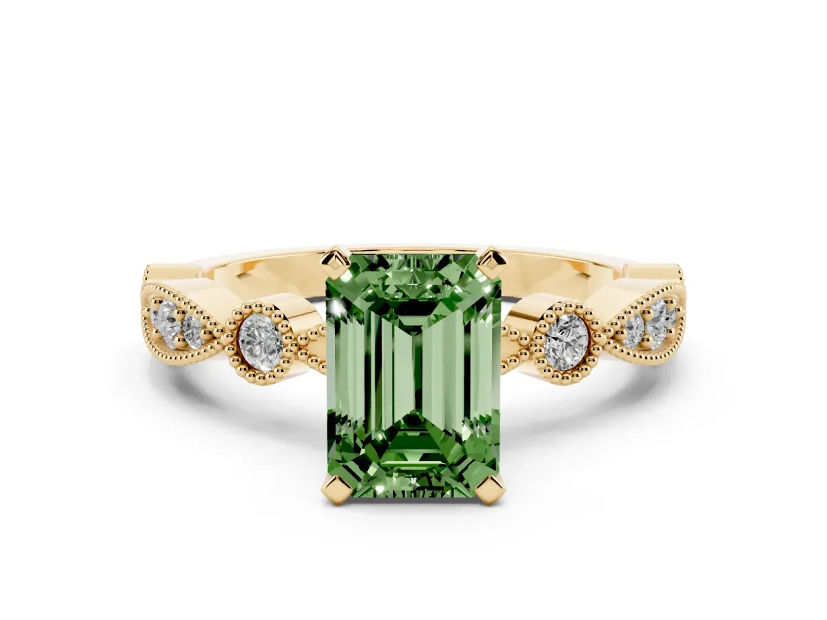 Fancy Green Emerald Cut Milgrain Bezel Diamond Engagement Ring with Solitaire Prong Setting Yellow gold
