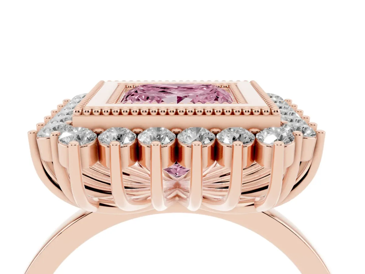 Fancy Pink Princess Cut Halo Diamond Ring with Milgrain Edge and Round Prong Setting Rose gold