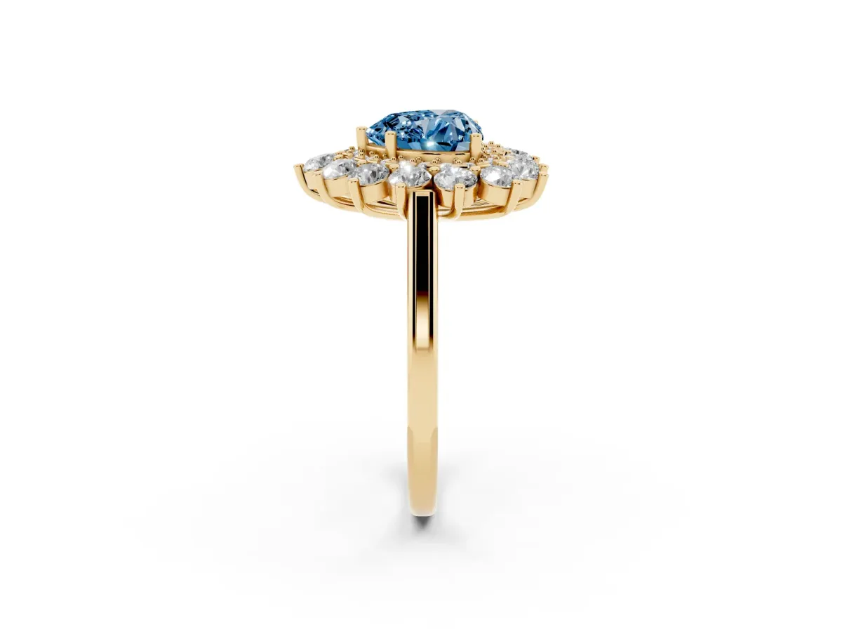 Fancy Blue Heart Cut Diamond Floral Double Halo Engagement Ring with Prong Setting Yellow gold