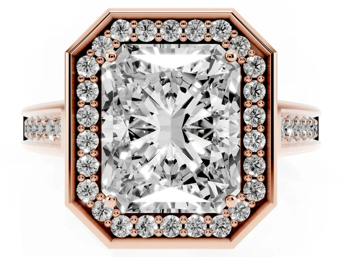 Emerald Cut Halo Solitaire Diamond Ring with Pave Band and Bezel Setting Rose gold