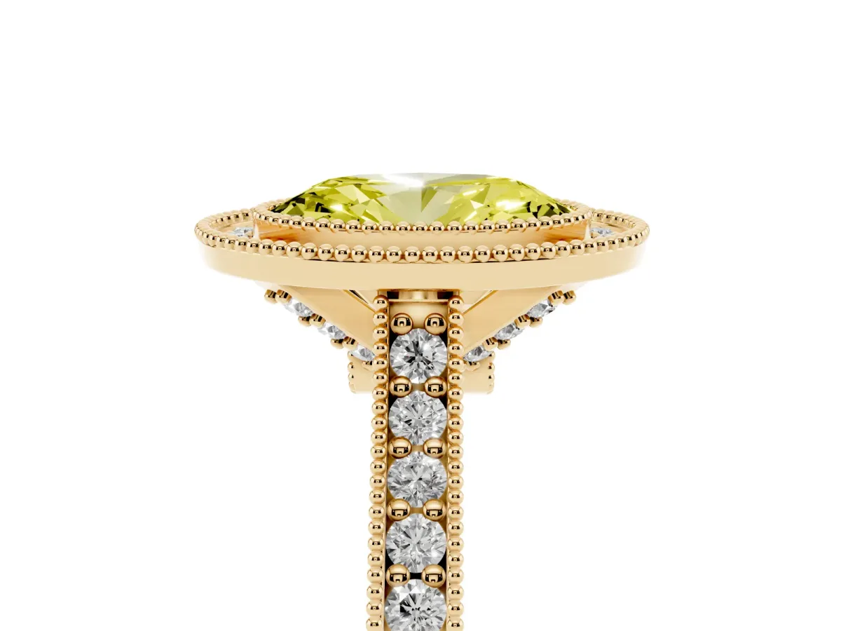 Fancy Yellow Halo Oval Cut-Cut Diamond Pave Band Milgrain Prong Setting Ring Yellow gold