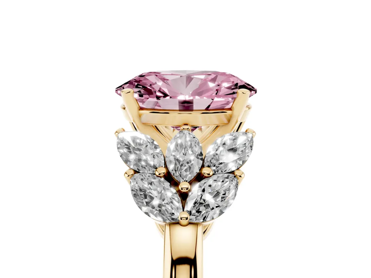 Fancy Pink Oval Cut Diamond Cluster Leaf Design Ring with Prong Setting Yellow gold