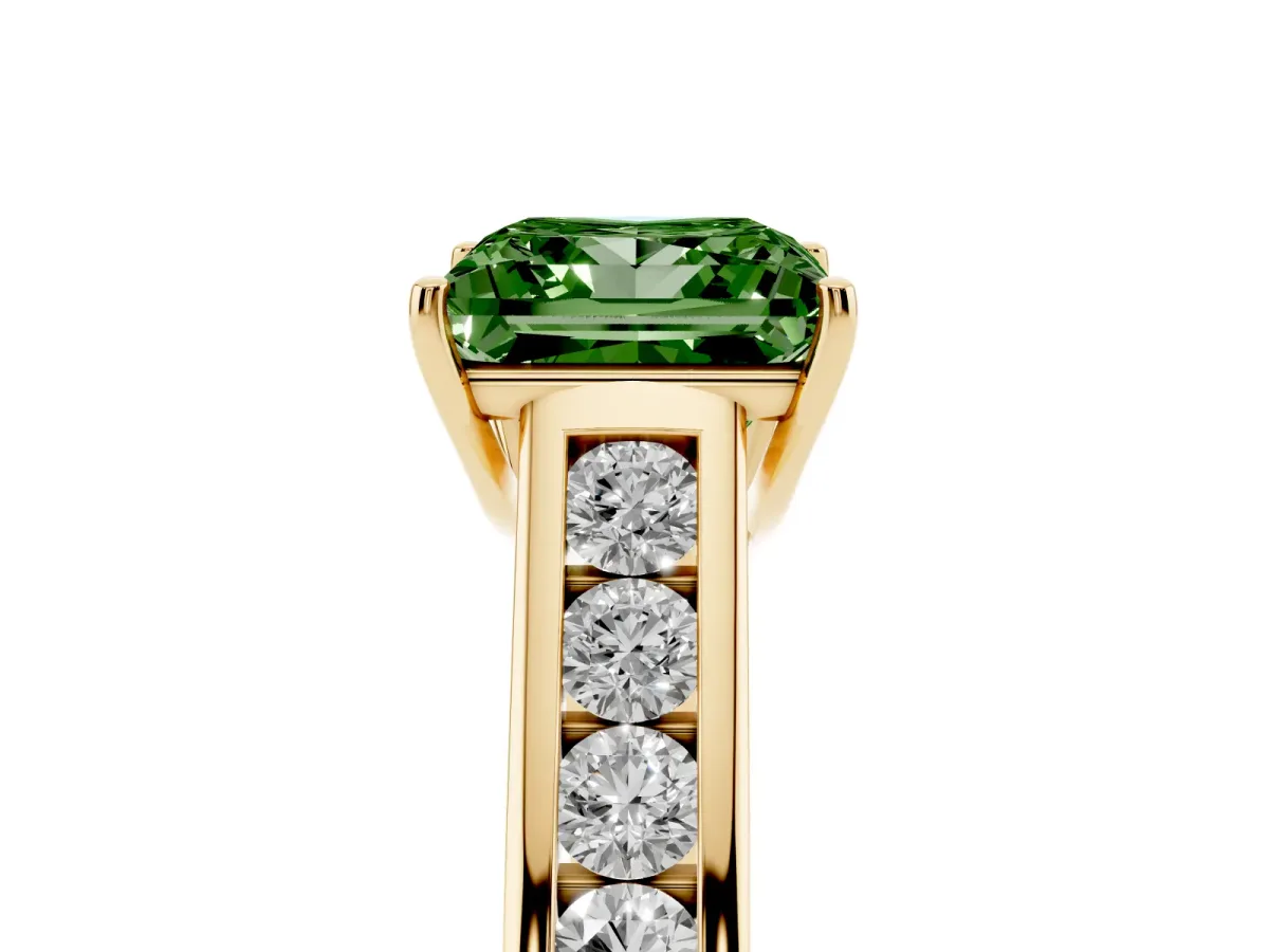 Fancy Green Princess Cut Solitaire Channel-Set Diamond Engagement Ring with Four-Prong Setting Yellow gold