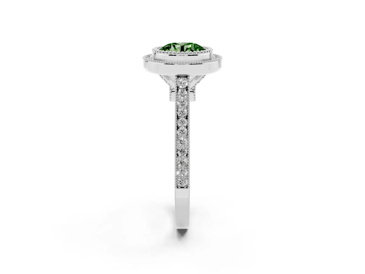 Fancy Green Round Cut Diamond Halo Ring with Milgrain Frame and Pavé Band Platinum