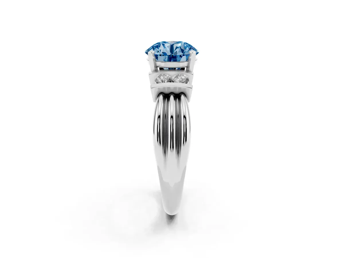 Fancy Blue Round Cut Cut Three-Stone Channel Set Ring with Bar Prongs Silver