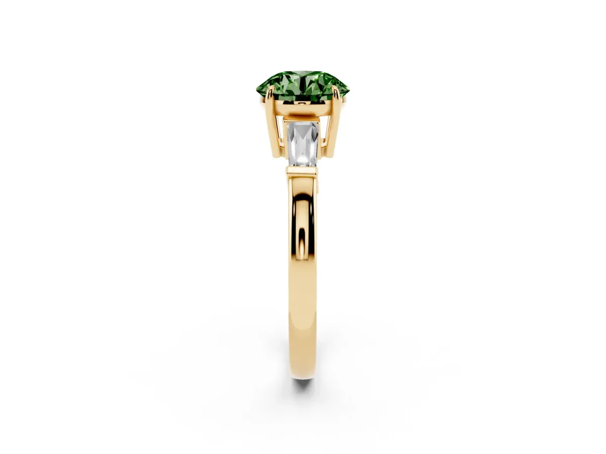 Fancy Green Round Cut Diamond Three-Stone Ring with Tapered Baguette Side Stones and Prong Setting Yellow gold