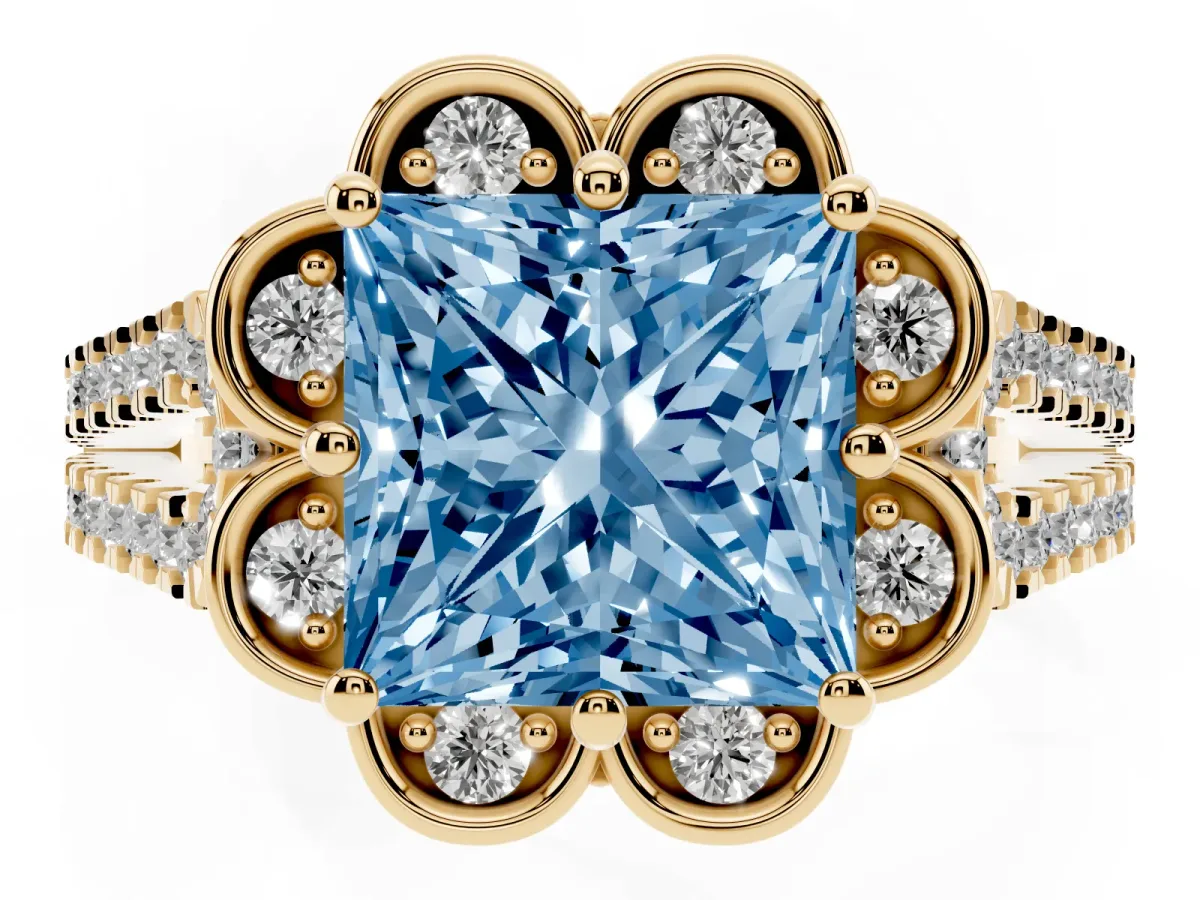 Fancy Blue Princess Cut Halo Diamond Floral Split Shank Engagement Ring Yellow gold