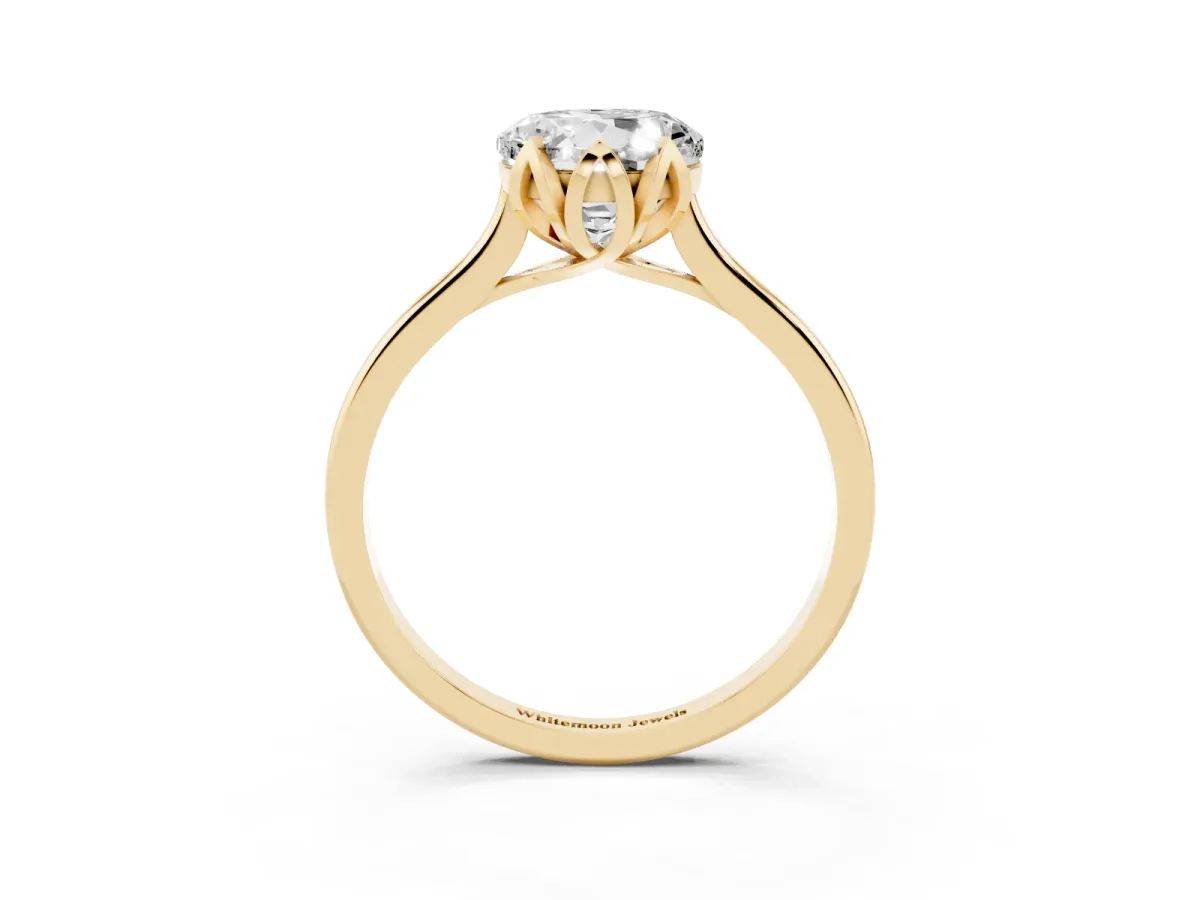 Round Cut Diamond Solitaire Ring with Flower Prong Setting and Classic Band Yellow gold