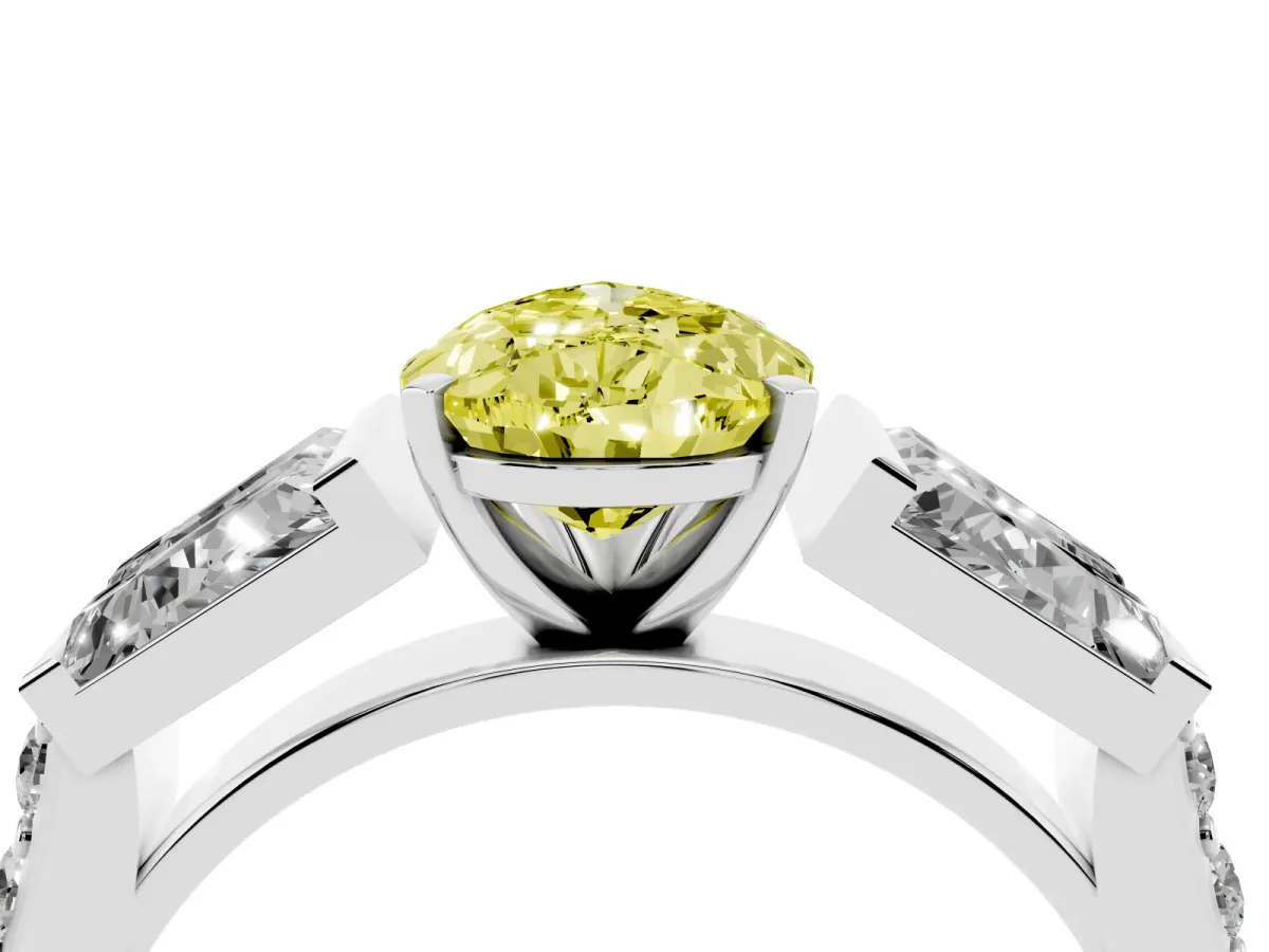 Fancy Yellow Pear Cut Diamond Engagement Ring with Baguette Side Stones and Channel Set Band White gold