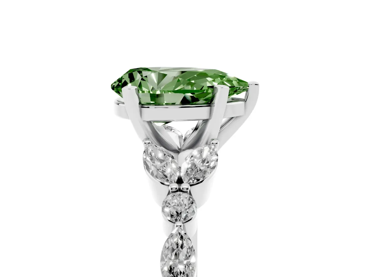 Fancy Green Pear Cut Diamond Solitaire Ring with Side Stones and Four-Prong Setting Silver