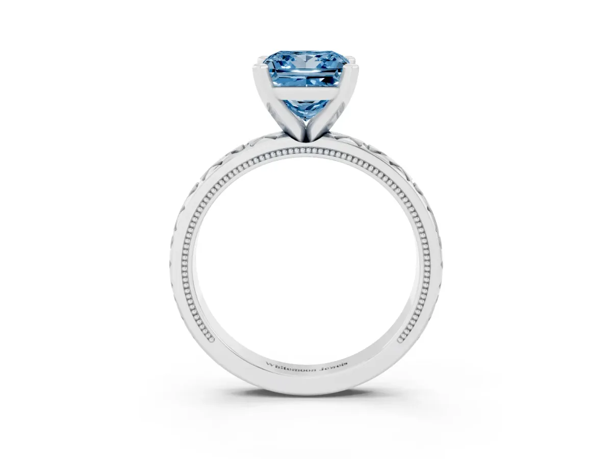 Fancy Blue Princess Cut Solitaire Diamond Engagement Ring with XO Engraved Band and Four-Prong Setting Silver
