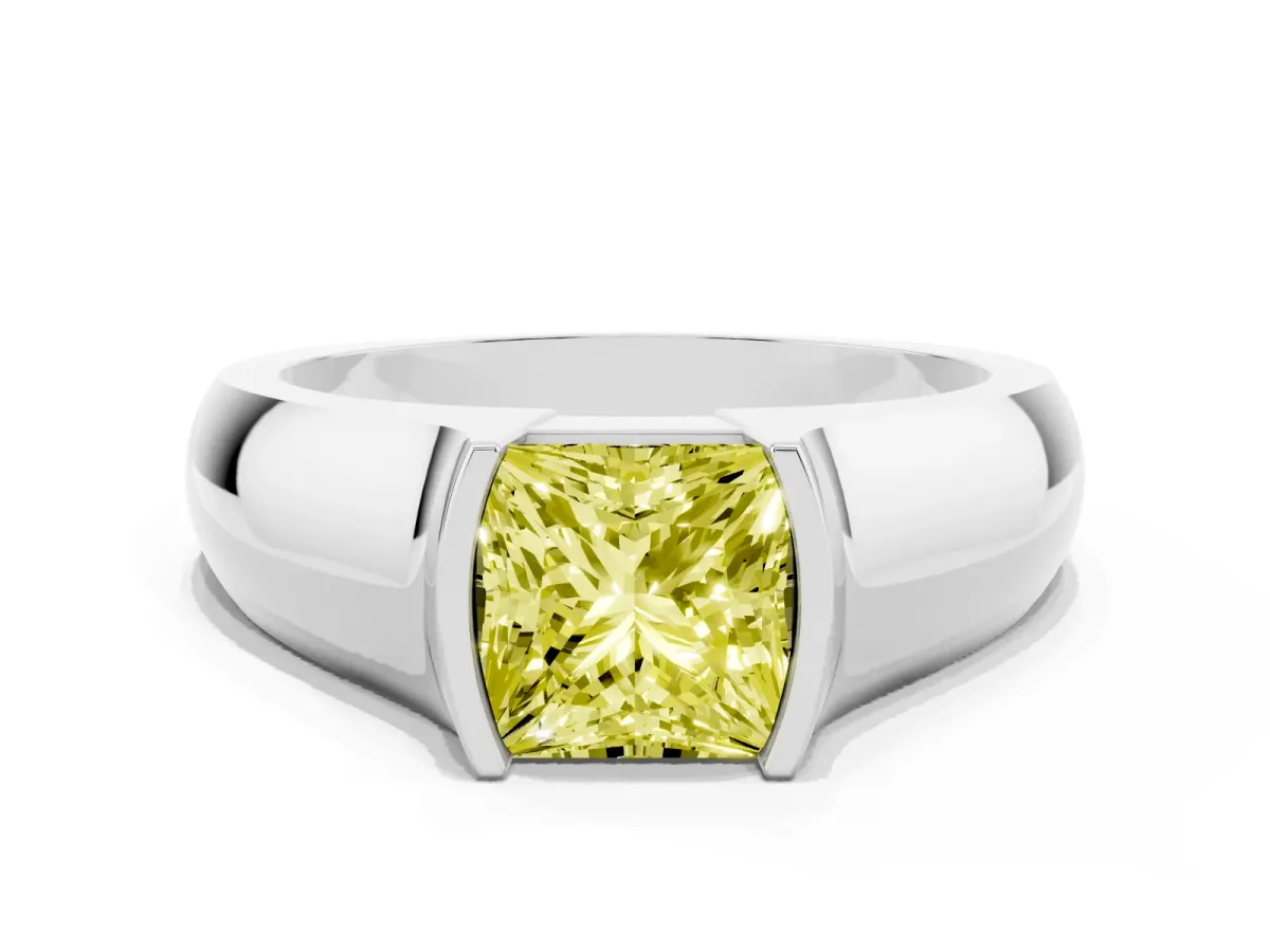 Fancy Yellow Princess Cut Solitaire Bezel Set Diamond Ring with Wide Band Platinum