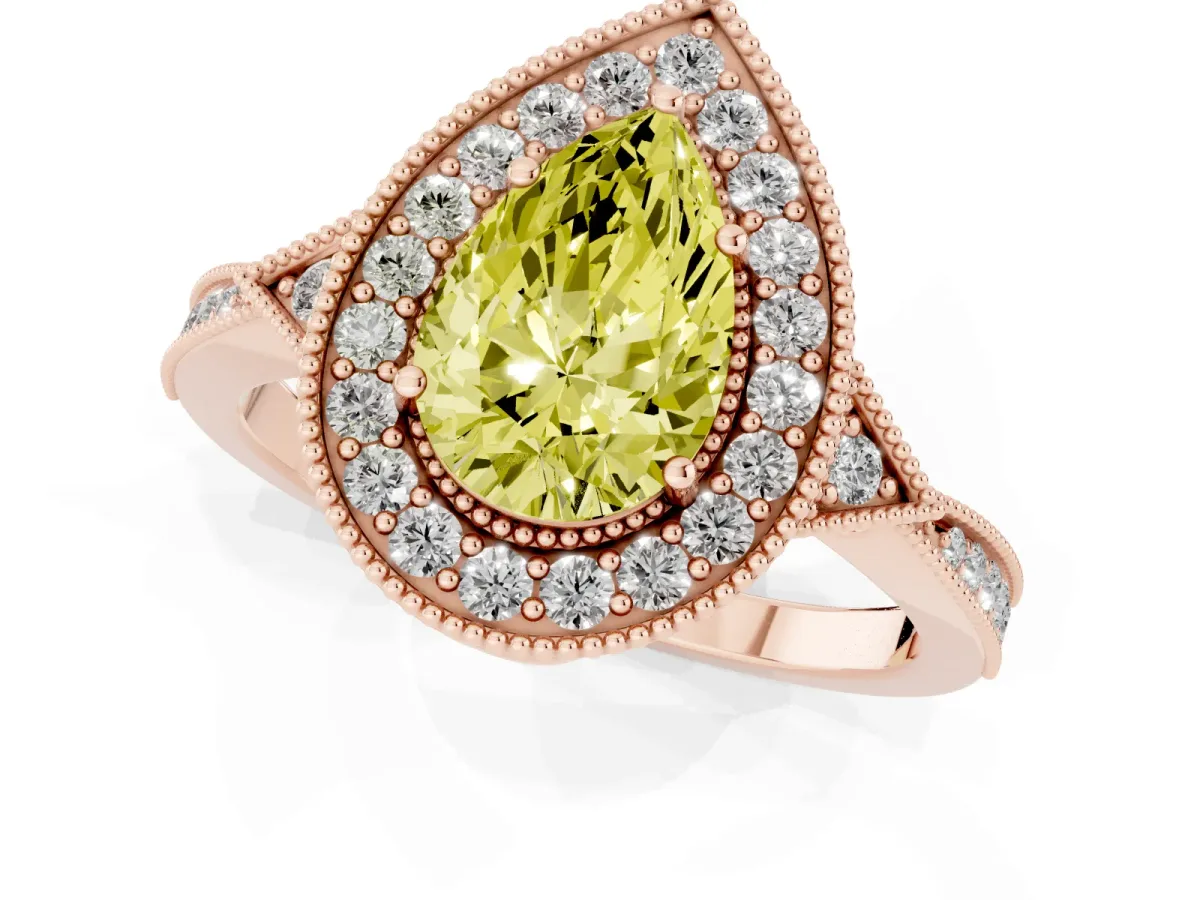 Fancy Yellow Pear Cut Halo Round Diamond Milgrain Pave Engagement Ring Rose gold