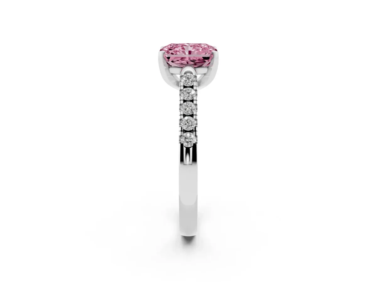 Fancy Pink Radiant Cut Diamond Pavé Band Solitaire Ring with Prong Setting Silver