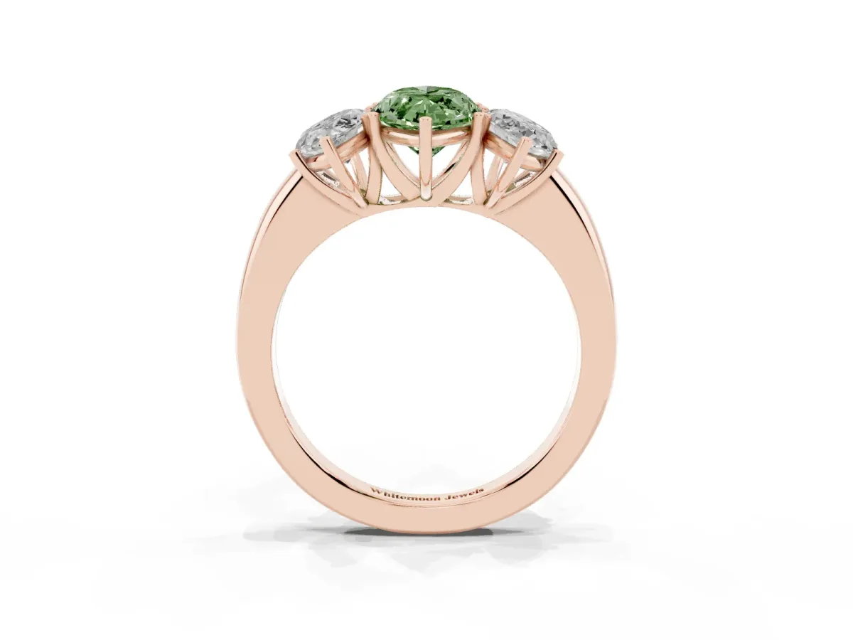 Fancy Green Marquise Cut Diamond Three-Stone Ring with Four-Prong Setting and Classic Band Rose gold