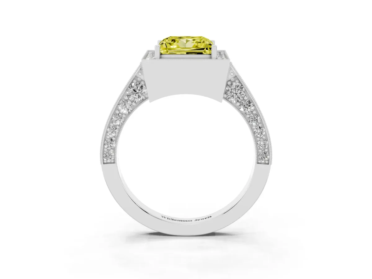Fancy Yellow Princess Cut Halo Diamond Engagement Ring with Split Shank Band and Four-Prong Setting Silver