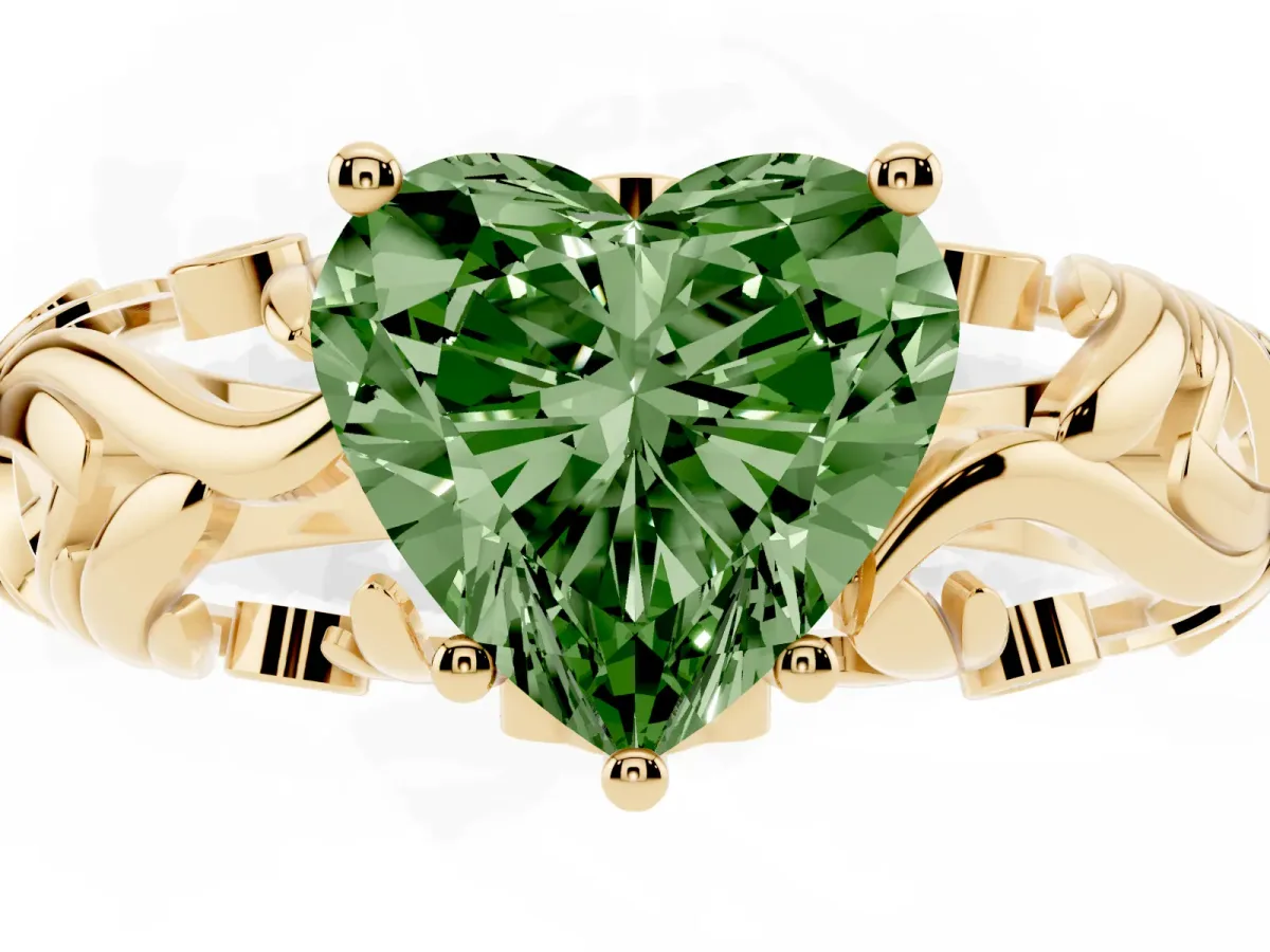 Fancy Green Heart Cut Solitaire Diamond Leaf-Inspired Vine Band Ring with Prong Setting Yellow gold