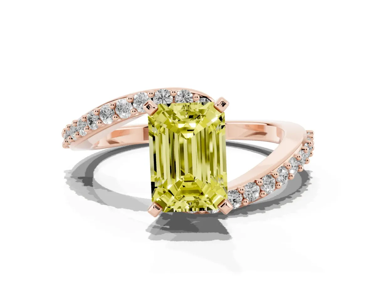Fancy Yellow Emerald Cut Solitaire Twist Band with Pave Set Diamonds and Four-Prong Setting Rose gold