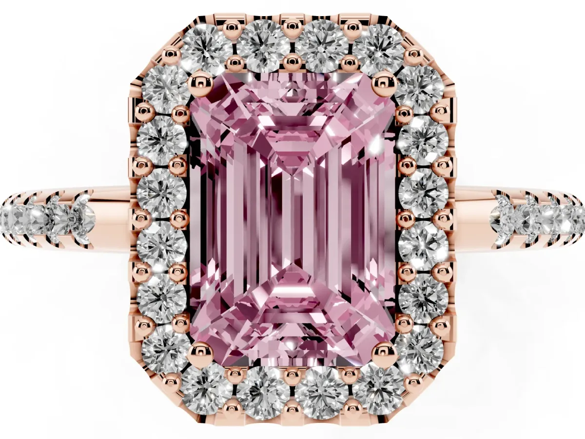 Fancy Pink Emerald Cut Diamond Pavé Halo Ring with Four-Prong Setting Rose gold
