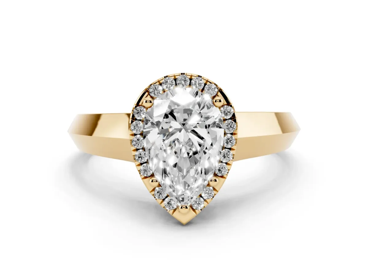 Pear Cut Halo Diamond Ring with Cathedral Band and Four-Prong Setting Yellow gold
