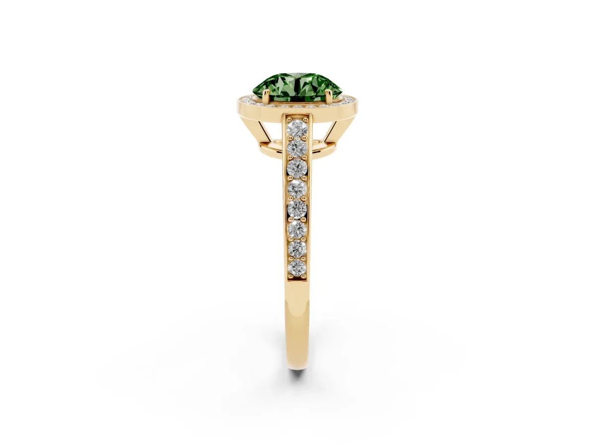 Fancy Green Round Cut Halo Pavé Diamond Engagement Ring with Bezel Setting Yellow gold