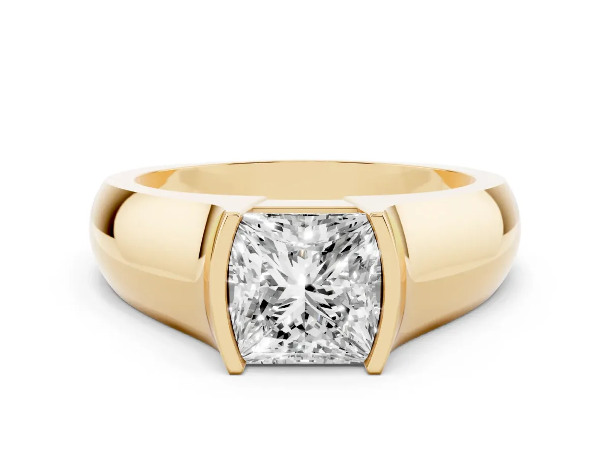 Princess Cut Solitaire Bezel Set Diamond Ring with Wide Band Yellow gold