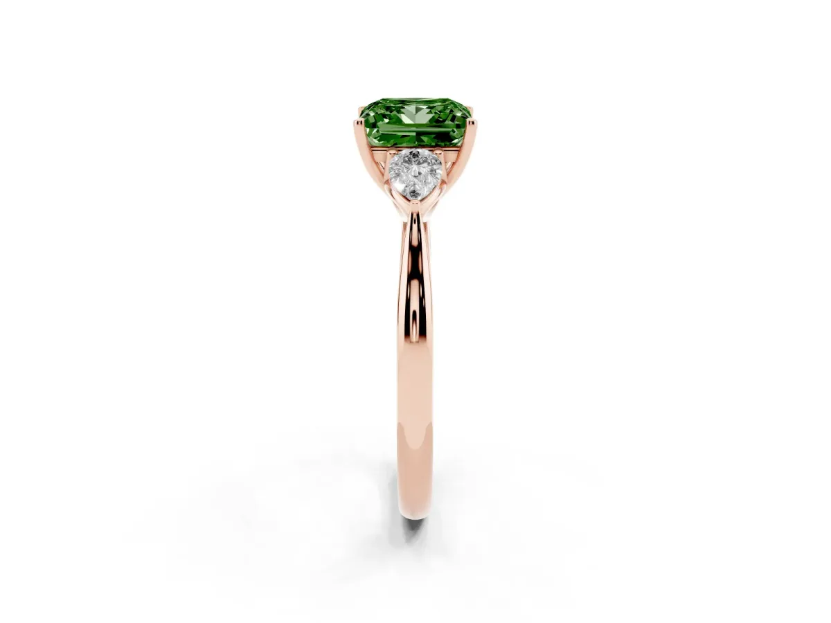 Fancy Green Three-Stone Princess Cut Diamond Ring with Pear Side Stones in Four-Prong Setting Rose gold