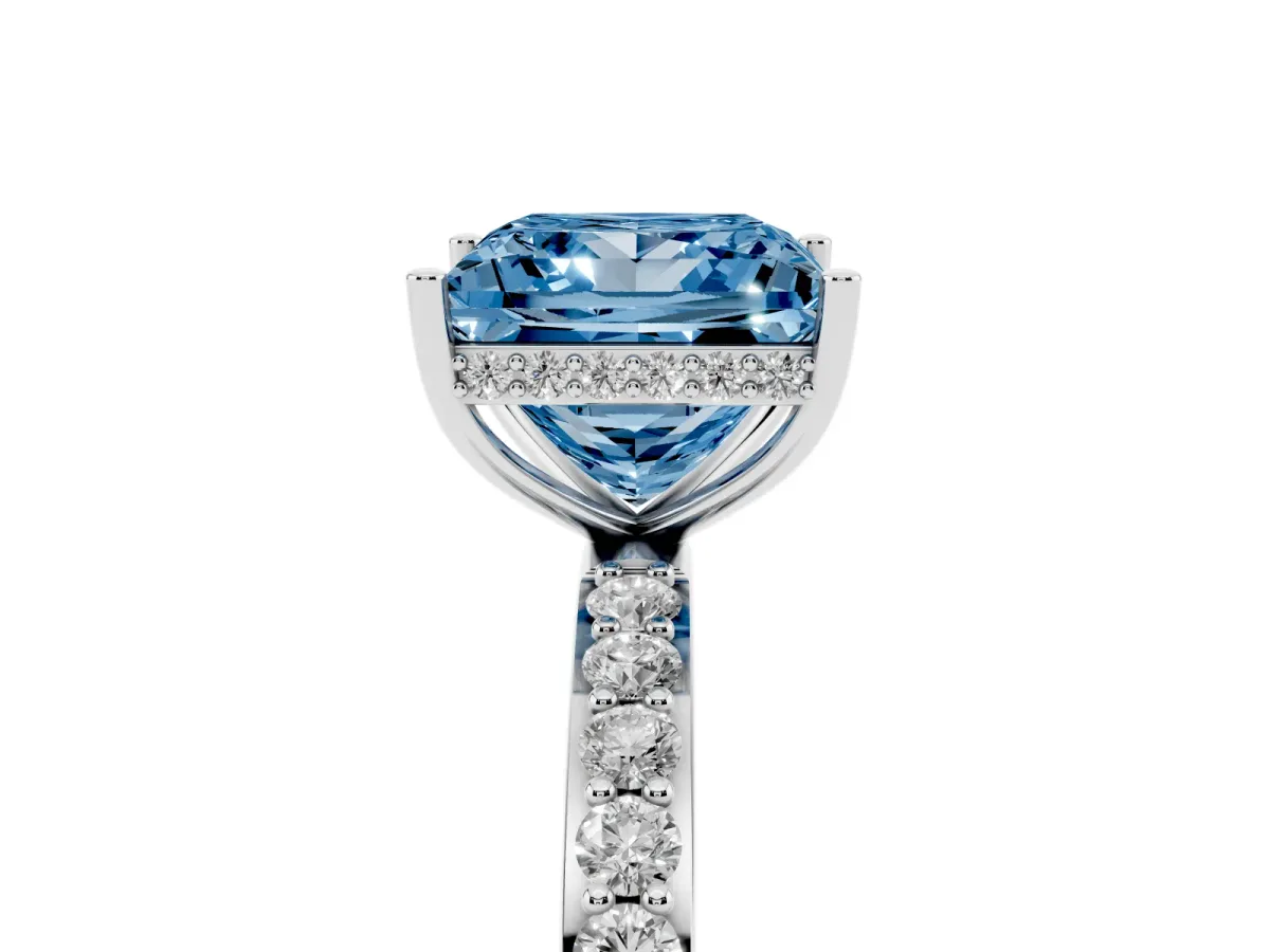 Fancy Blue Princess Cut Diamond Solitaire Ring with Pavé Band and Hidden Halo White gold