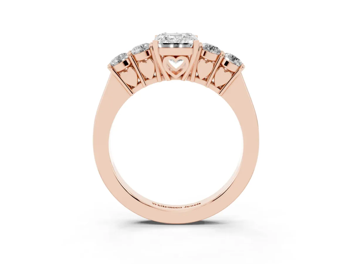 Emerald Cut Cut Diamond Five-Stone Prong Set White Gold Ring Rose gold