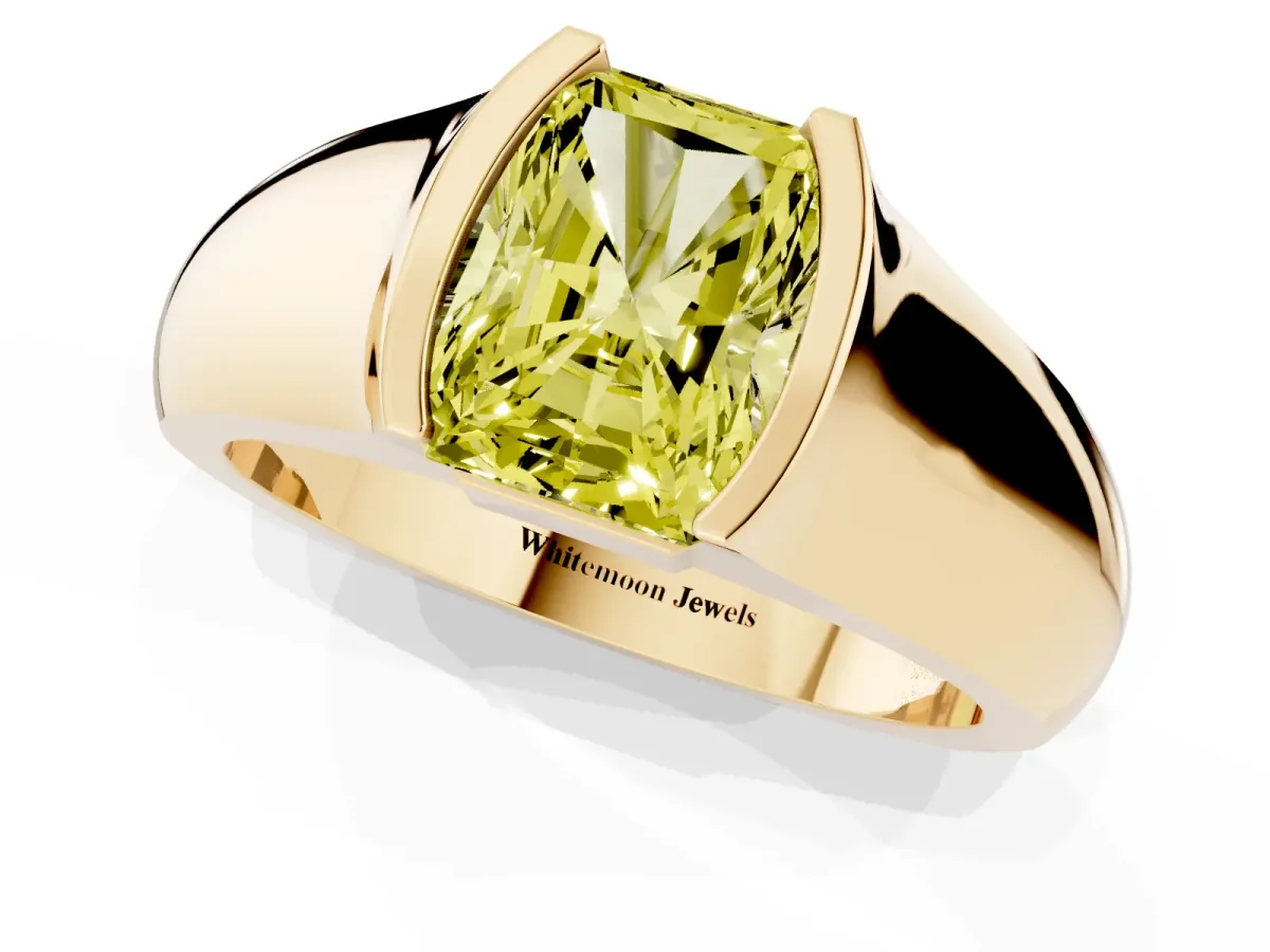 Fancy Yellow Radiant Cut Solitaire Bezel Set Diamond Ring with Wide Band Yellow gold
