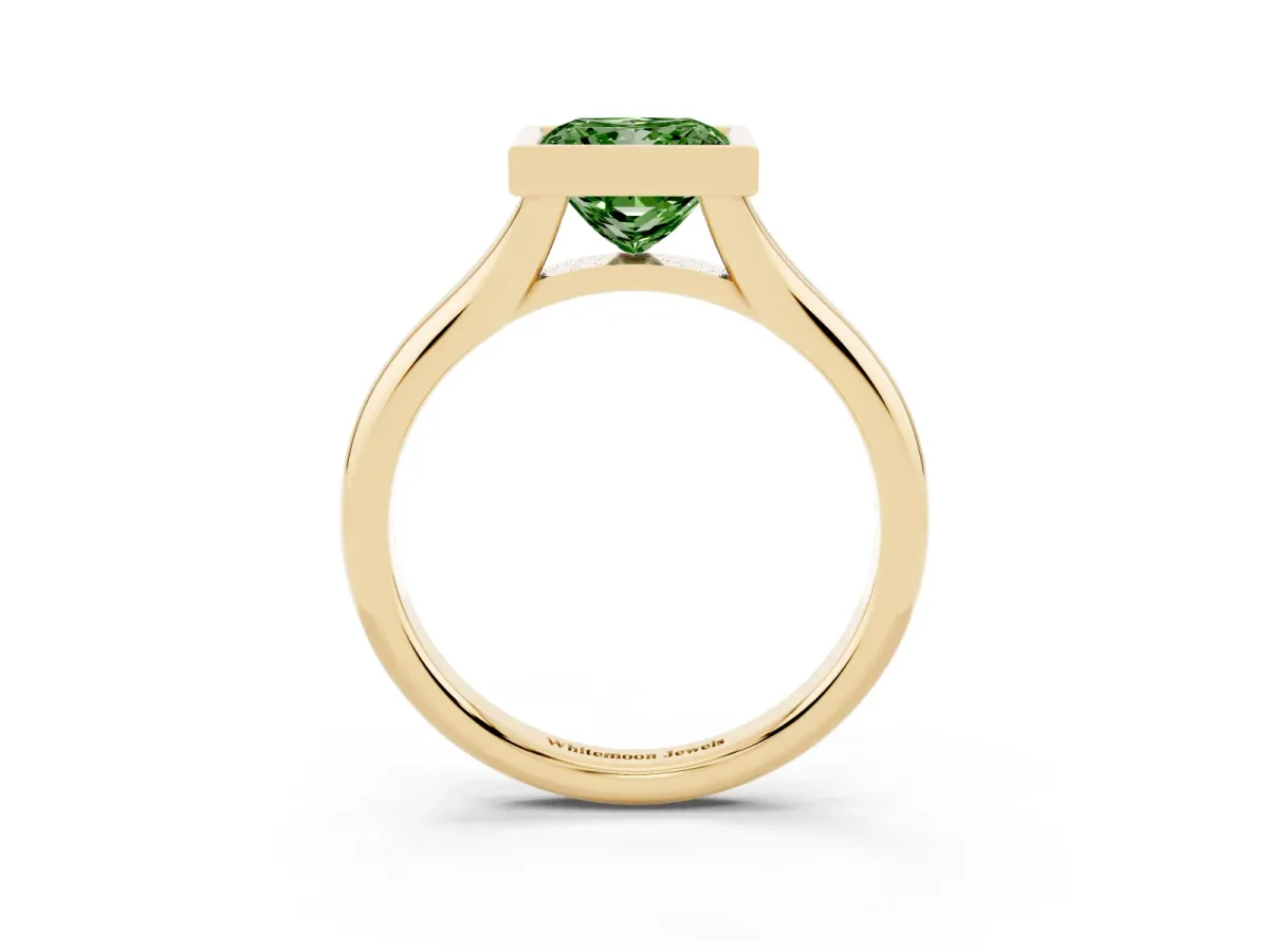 Fancy Green Bezel Set Princess Cut Solitaire Diamond Ring with Smooth Band Yellow gold