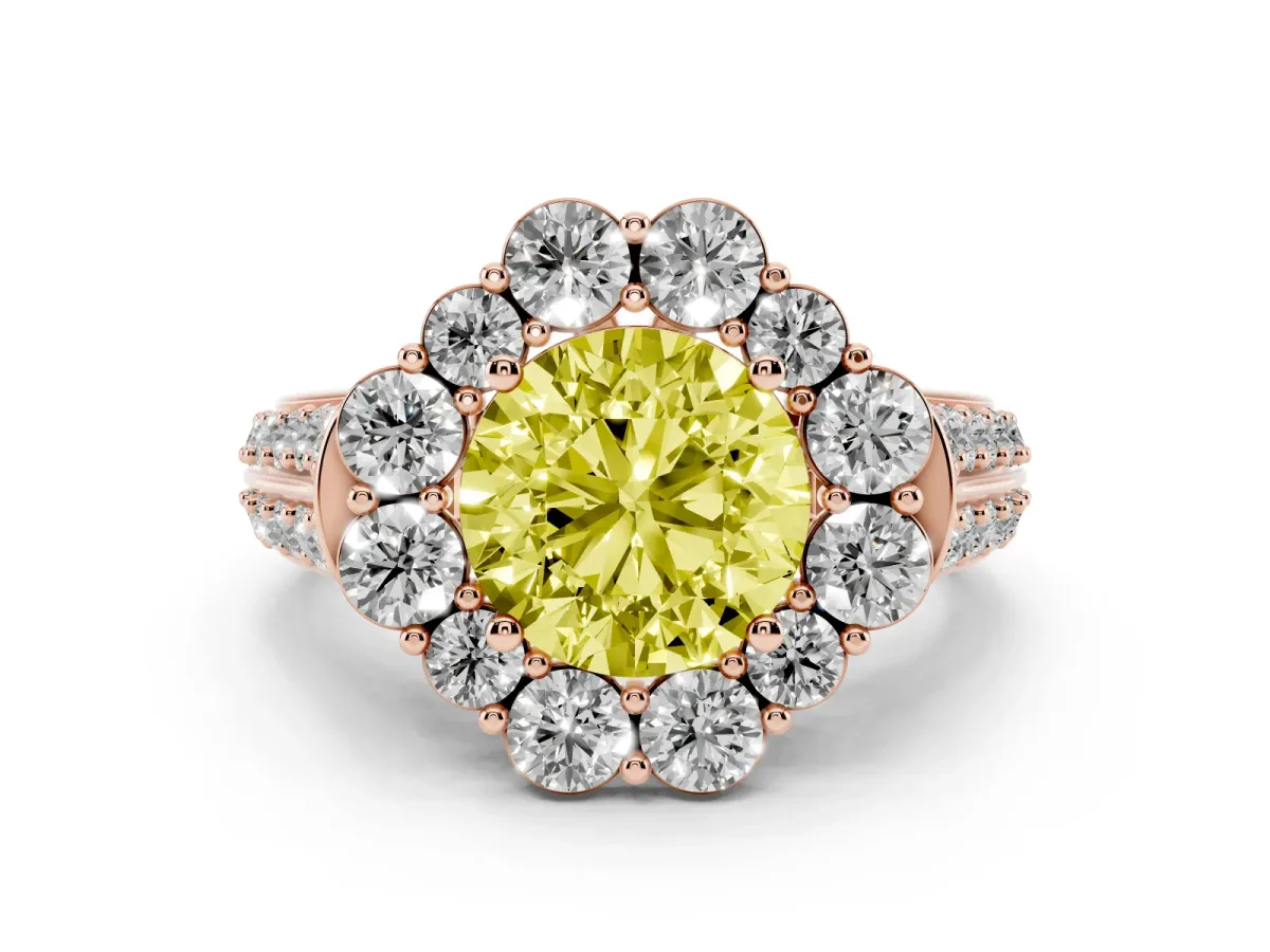 Fancy Yellow Round Cut Halo Diamond Engagement Ring with Split Shank and Prong Setting Rose gold