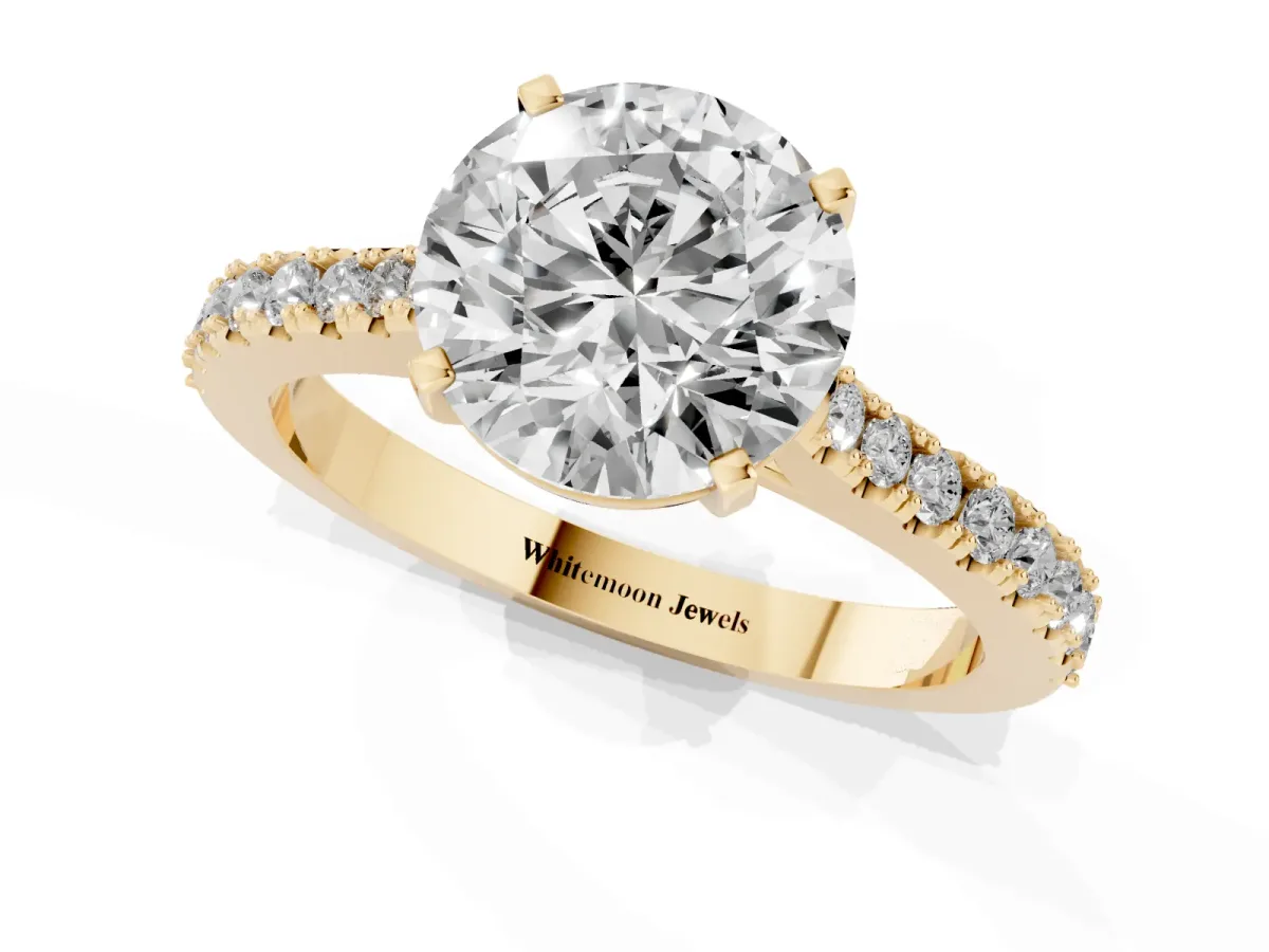 Round Cut Cut Solitaire Diamond Engagement Ring with Pave Band and Four-Prong Setting Yellow gold