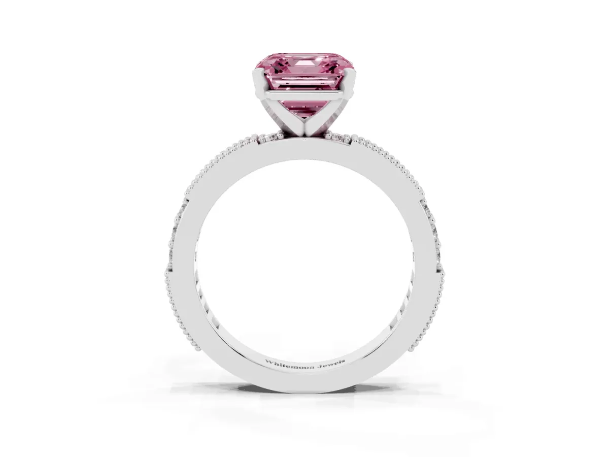 Fancy Pink Asscher Cut Solitaire with Pavé Band and Four-Prong Setting Silver