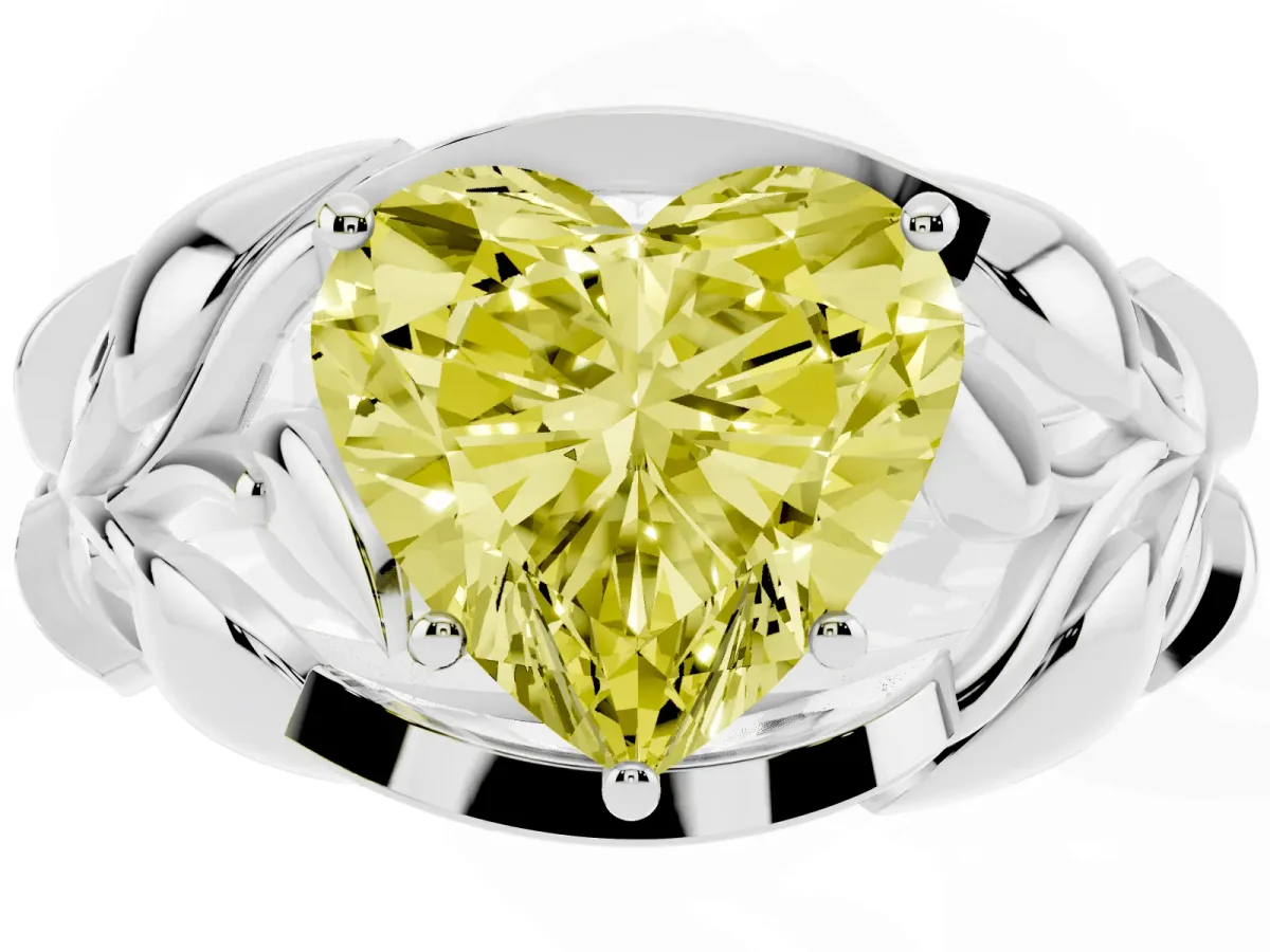 Fancy Yellow Heart Cut Diamond Leaf-Inspired Engagement Ring with Round Accents and Prong Setting Silver