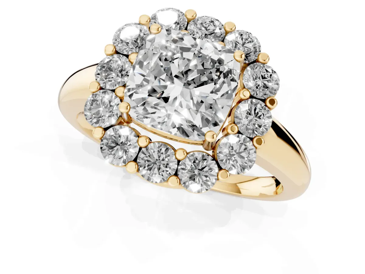 Cushion Cut Halo Cluster Diamond Engagement Ring with Prong Setting and Polished Band Yellow gold