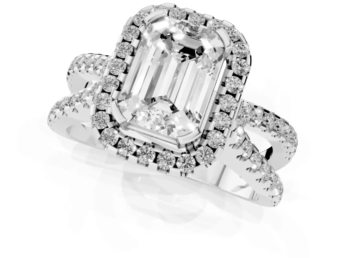 Emerald Cut Diamond Halo Ring with Split Shank Pavé Band and Prong Setting Platinum