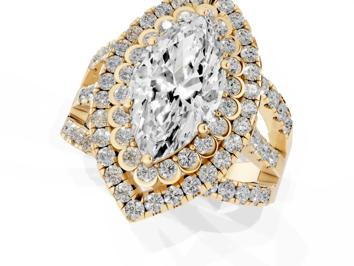 Marquise Cut Diamond Double Halo Ring with Round Pavé Split Shank and Prong Setting Yellow gold