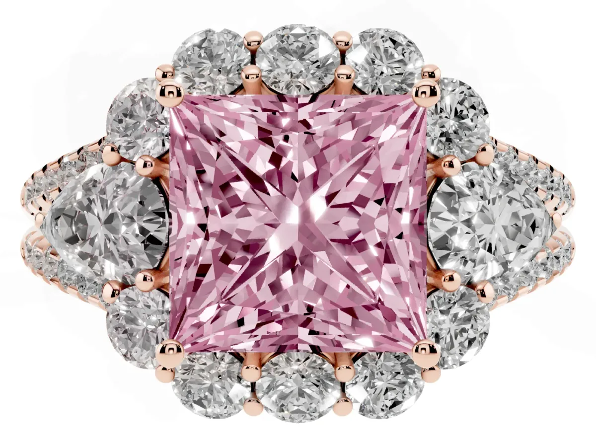 Fancy Pink Princess Cut Halo Split Shank Diamond Engagement Ring with Prong Setting Rose gold