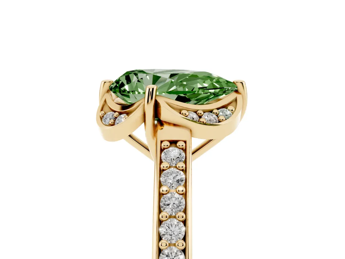 Fancy Green Pear Cut Cut Halo Diamond Ring with Channel Set Band and Four-Prong Setting Yellow gold