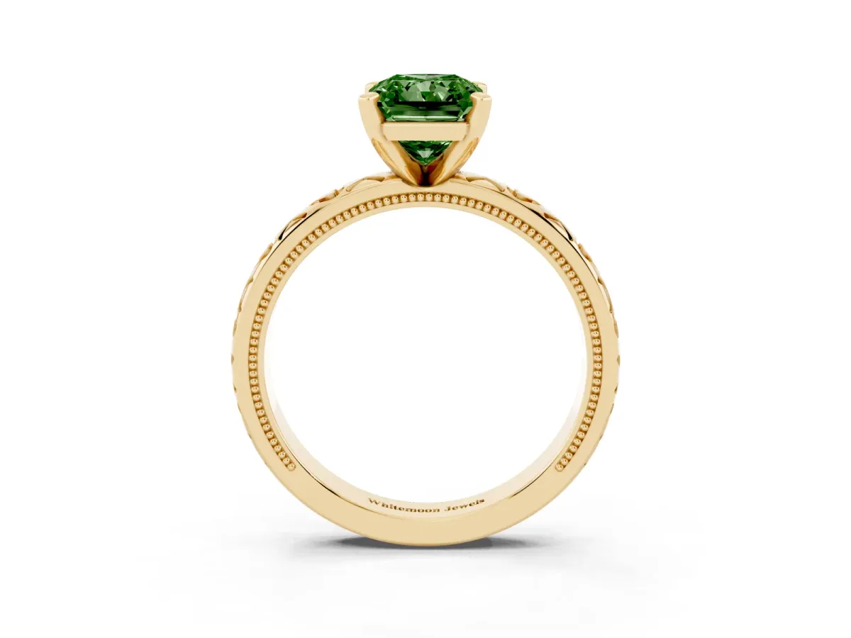 Fancy Green Radiant Cut Solitaire Diamond Engagement Ring with XO Engraved Band and Four-Prong Setting Yellow gold