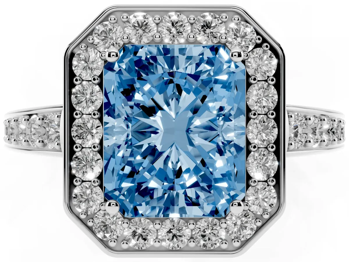 Fancy Blue Radiant Cut Halo Pavé Diamond Engagement Ring with Bezel Setting Platinum